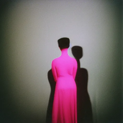 Prompt: a pink human shadow on a grey wall, polaroid photo, by warhol, mystical, surreal,