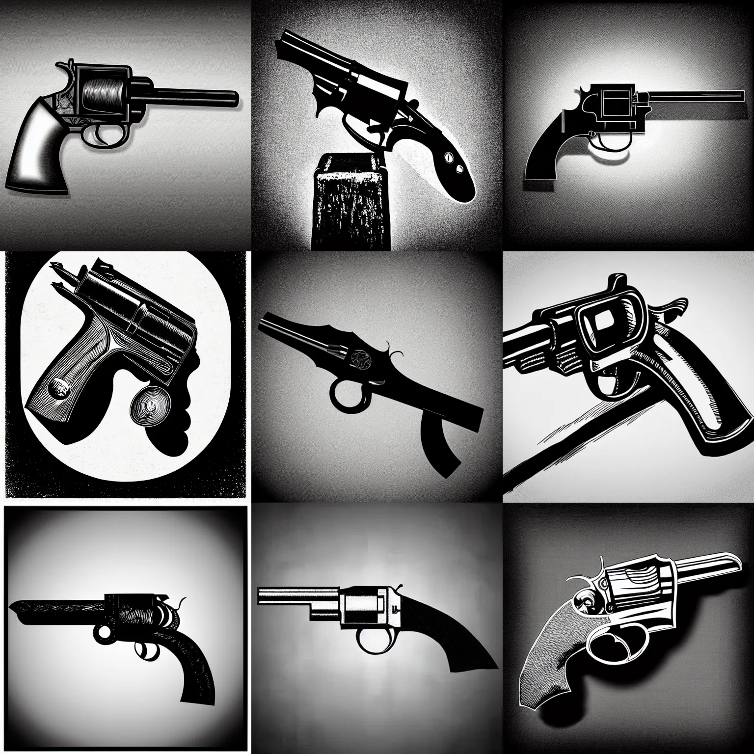 Prompt: pen and ink portrait of a revolver on a spotlight background, impressive scene. grainy and rough. black and white colour scheme. beautiful artistic detailed digital art