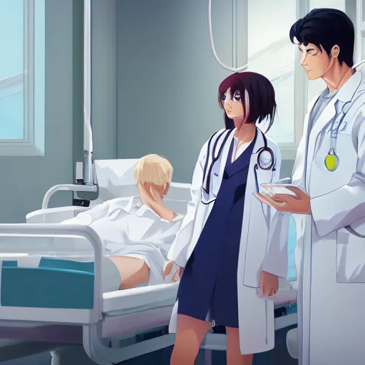 Image similar to a cute and beautiful young female doctor wearing white coat are talking with a handsome young man wearing white coat in a hospital ward, highly detailed, digital painting, slice of life anime, illustration, anime scenery by Makoto shinkai