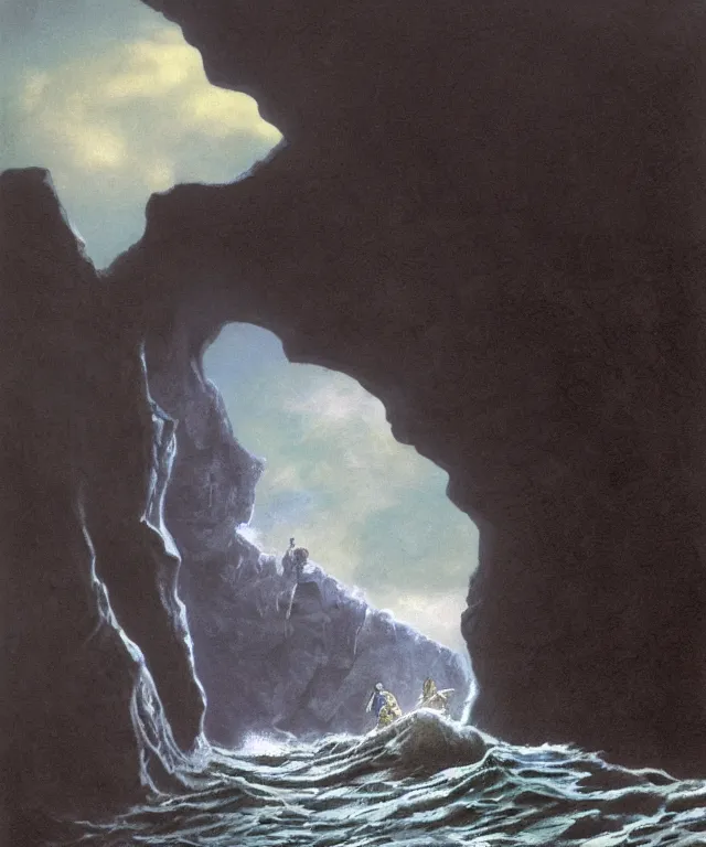 Image similar to photorealistic painting of a 1 9 2 5 seiner sailing near a tropical skull - shaped cliff with the mouth of a sea cave at the waterline, dark, brooding, atmospheric, lovecraft, horror, smooth, epic, highly detailed, cinematic, by larry elmore