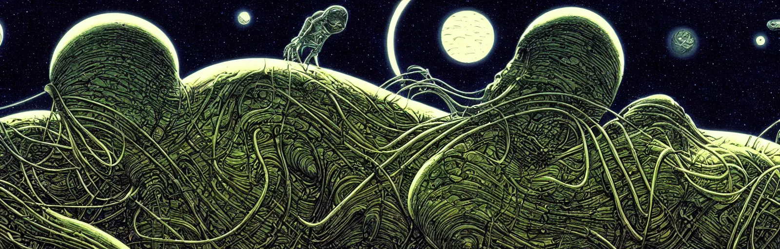 Image similar to long organic alien weird David cronenberg rocket train mountain starry moonlit night sky H.R. Giger, Charles Vess, Gilbert Williams amazing wide landscape digital art 4k