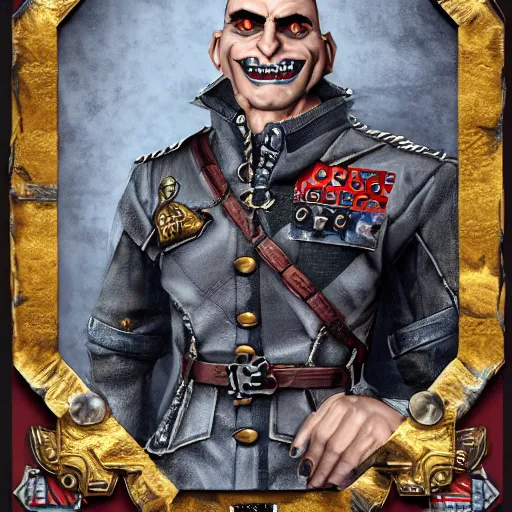 Image similar to portrait of a middle aged half orc, wearing a patchwork military uniform jacket with cut sleeves and many charms and baubles worked into the fabric, with an upturned collar. thin fangs showing through his lower jaw with a bemused smile. blueish grey eyes staring intently with a definite intelligence. final fantasy character