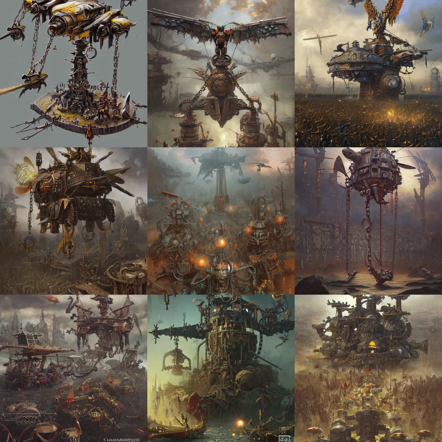 Prompt: warhammer base with propellers, cranes, chains, highly detailed, digital painting, artstation, concept art, smooth, sharp focus, illustration, artstation, art by giger and greg rutkowski and hikari shimoda and edmund blair leighton and charlie bowater, painted warhammer miniature