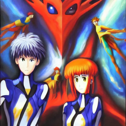Prompt: an oil painting of the angels of the anime series neon genesis evangelion