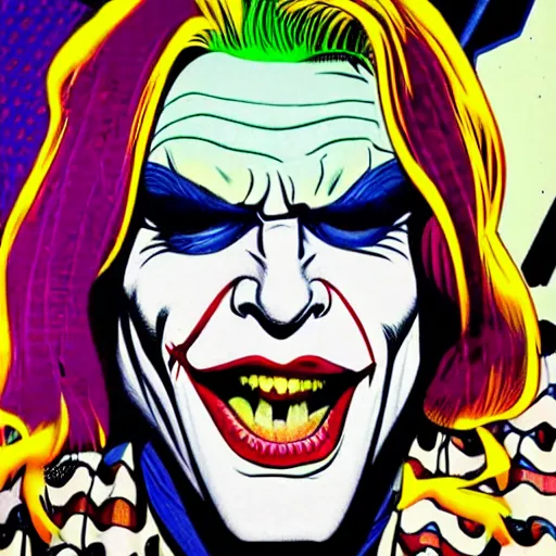 Image similar to dynamic macro head portrait of kurt cobain as the joker in by john romita sr and cory walker and ryan ottley and jack kirby and barry windsor - smith, comic, illustration, photo real