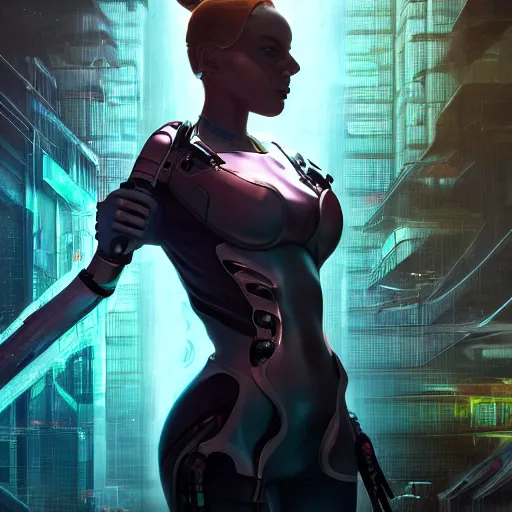 Image similar to futuristic cyberpunk android woman | hyperrealistic | action pose | digital painting | trending on artstation | pinup portrait | clean | illustration | dressed | unreal engine 5 | 8 k resolution | by greg rutkowski, olivia de berardinis, hajime soryaman, alphonse mucha, gustav klimt and mel ramos