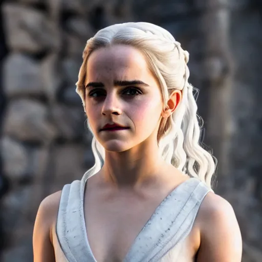 Image similar to Emma Watson as Daenerys Targaryen, XF IQ4, f/1.4, ISO 200, 1/160s, 8K, Sense of Depth, color and contrast corrected, AI enhanced, Dolby Vision, in-frame