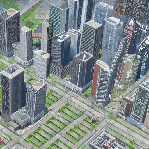 Image similar to canary wharf, screenshot from simcity pc game, isometric view, ue 4, raytracing, volumetric fog resolution, ambient occlusion, anisotropy, shadow resolution, texture quality high, chromatic abberation, 8 k