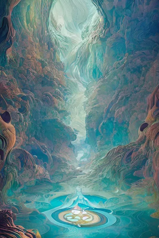 Prompt: the rivers in the canyons, surreal architecture, fluid made of illuminated stained glass , peter mohrbacher, fred tomaselli, victo ngai, roger dean