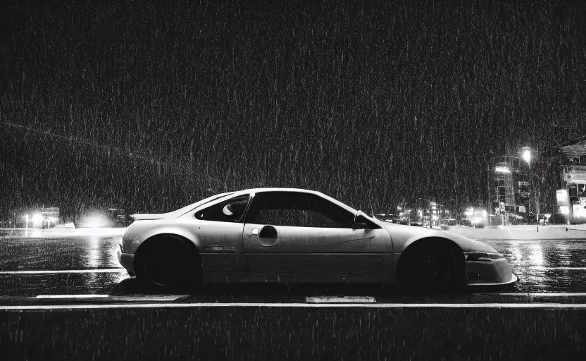 Image similar to highly detailed, high resolution, japanese cars, jdm, raining night, stunning, volumetric lightning, realistic cars, sharp focus, 150mm, realistic photo, instagram filter