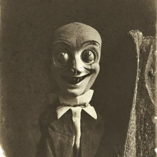 Image similar to a ventriloquist figure, ventriloquist dummy head, smiling, photograph, style of atget, nightmare, concept art, creepy