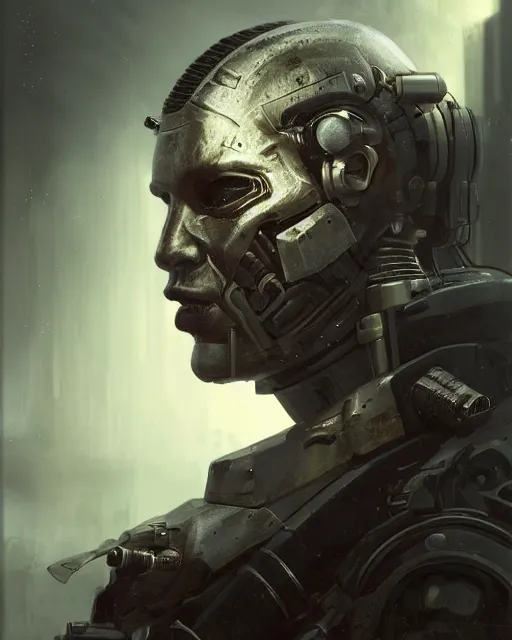 Prompt: a half - masked rugged kim kardashian with cybernetic enhancements as seen from a distance, scifi character portrait by greg rutkowski, esuthio, craig mullins, 1 / 4 headshot, cinematic lighting, dystopian scifi gear, gloomy, profile picture, mechanical, half robot, implants, steampunk