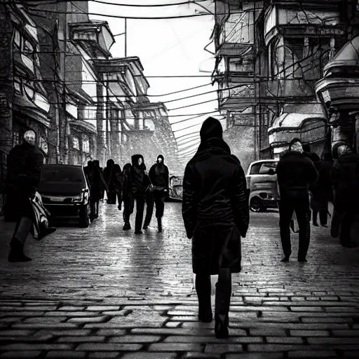 Prompt: Street photo in a crowded city on another planet, Neo Norilsk, Neo Kyiv, sci-fi, fantasy, intricate, very very beautiful, elegant, highly detailed, high contrast, shadows, smooth, photorealistic, cinematic, Unreal Engine 5, sharp focus, trending on Behance