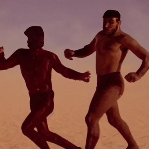 Prompt: cinematic still of silhouettes of two Mediterranean skinned men fighting in ancient Canaanite clothing, wrestling, knife, middle eastern field background, red hues, directed by Russell Mulcahy