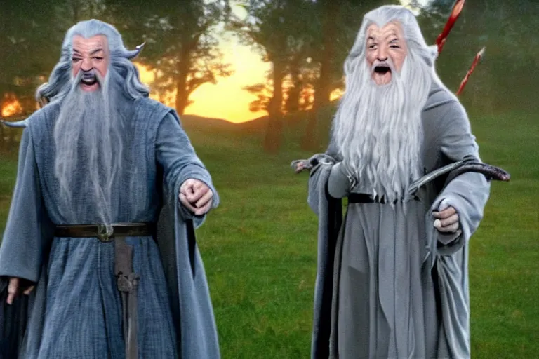 Prompt: Gandalf dressed up like hello kitty, smiling warmly, sunrise, movie still from Lord of the Rings, cinematic