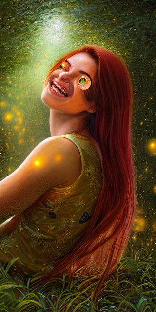 Image similar to infp young woman, smiling amazed, golden fireflies lights, sitting in the midst of nature fully covered, long loose red hair, intricate linework, bright accurate green eyes, small nose with freckles, oval shape face, realistic, expressive emotions, dramatic lights spiritual scene, hyper realistic ultrafine art by michael cheval, jessica rossier, boris vallejo