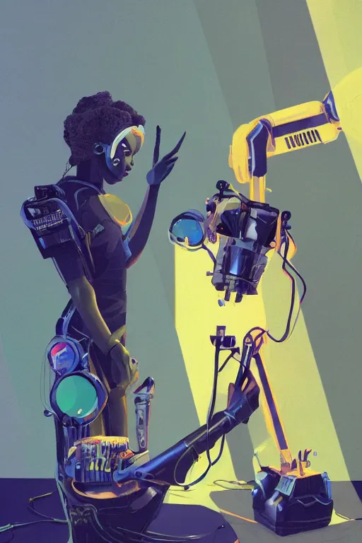 Image similar to a black girl fixing a robot, in the nature, mixing solarpunk, afropunk and cyberpunk technology and aesthetic ( ( ( ( volumetric light ) ) ) ), high angle, part by pearl fryar, part by prince damah, sunny day, trending on artstation, cinematic view, illustration, painting.