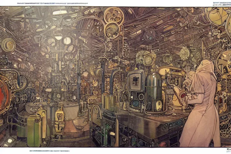 Prompt: steampunk lab room filled with big vapor tubes and alchemy equipment, mad scientist working, giant screens, sci - fi vending machine, retrofuturism, concept art by mucha and moebius and victo ngai, clean line, diesel punk