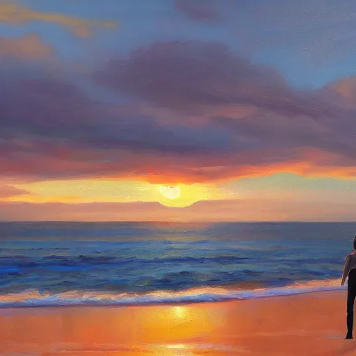Image similar to a teen guy with mullet, portrait, sunset, ocean in distance, oil painting, pale colors, high detail, 8 k, wide angle, trending on artstation,
