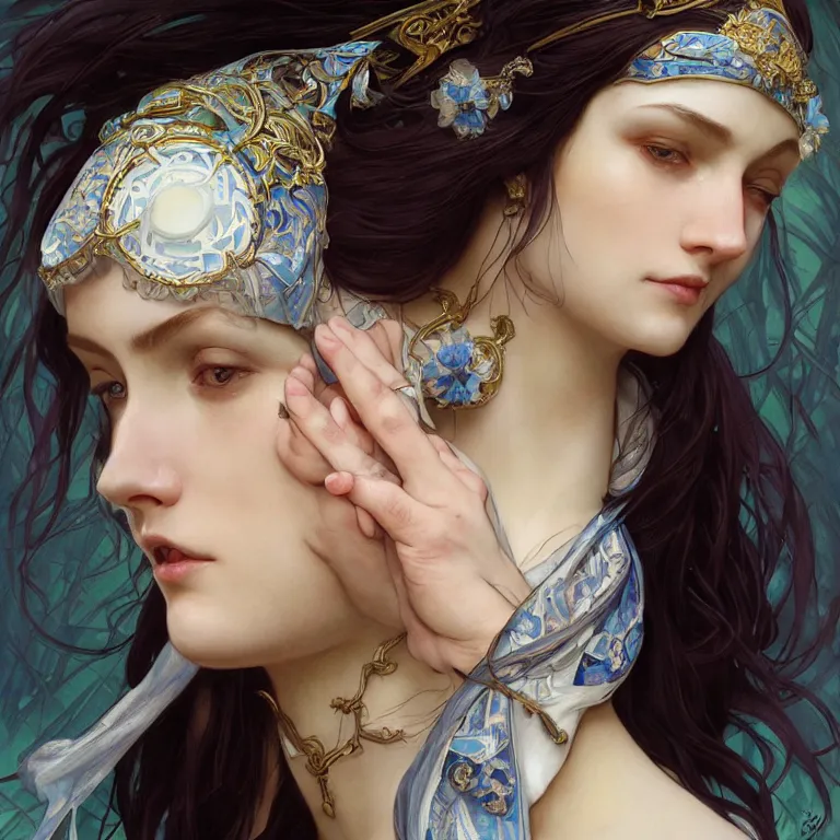 Image similar to Portrait of female cleric with kerchief covering her ears. Blue eyes, black hair, porcelain skin, full lips, high slanted cheekbones. Magical glow. Fantasy art by artgerm and greg rutkowski and alphonse mucha, intricate, elegant, highly detailed, dramatic lighting, digital painting, concept art, illustration, award winning on artstation, D&D, AD&D.
