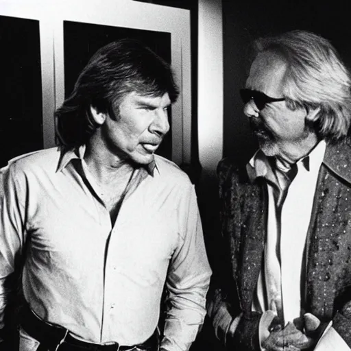 Image similar to harrison ford and john carpenter talking, 1 9 8 0 s photography