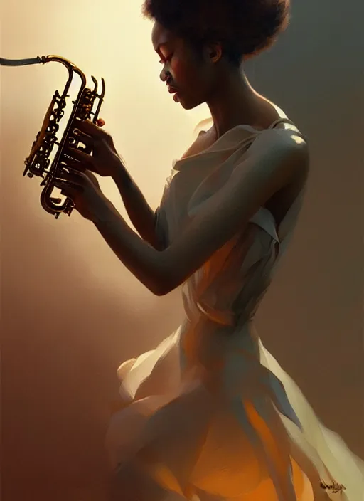 Prompt: jazz music, intricate, elegant, highly detailed, digital painting, artstation, concept art, smooth, sharp focus, illustration, art by wlop, mars ravelo and greg rutkowski