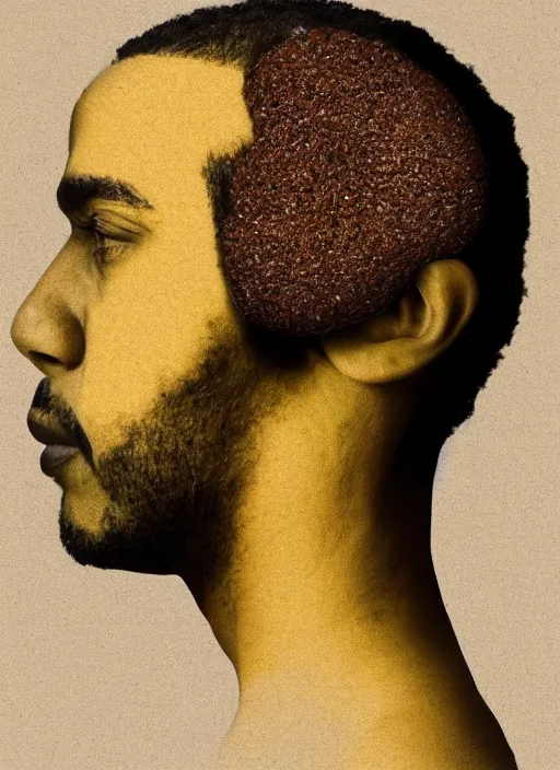 Prompt: a black man's face in profile, made of coxinha, in the style of the Dutch masters and Gregory Crewdson, dark and moody