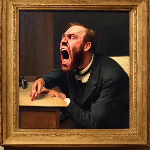 Image similar to an angry man yells at his computer monitor, oil on canvas, 1 8 8 3, highly detailed, high resolution