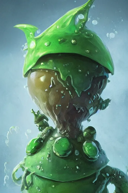 Image similar to cute anthropomorphic green slime jelly knight wearing a cape, tiny, small, miniature slime goo , baby slime jelly, short, pale blue armor, cute and adorable, pretty, beautiful, DnD character art portrait, matte fantasy painting, DeviantArt Artstation, by Jason Felix by Steve Argyle by Tyler Jacobson by Peter Mohrbacher, cinematic lighting