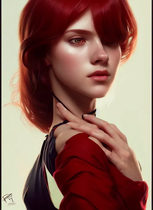 Prompt: a full body fashion photography of a girl focused over chessboard, red hair, intricate, elegant, clearly visible face, highly detailed, digital painting, artstation, concept art, smooth, sharp focus, illustration, art by artgerm and greg rutkowski and alphonse mucha, 8 k