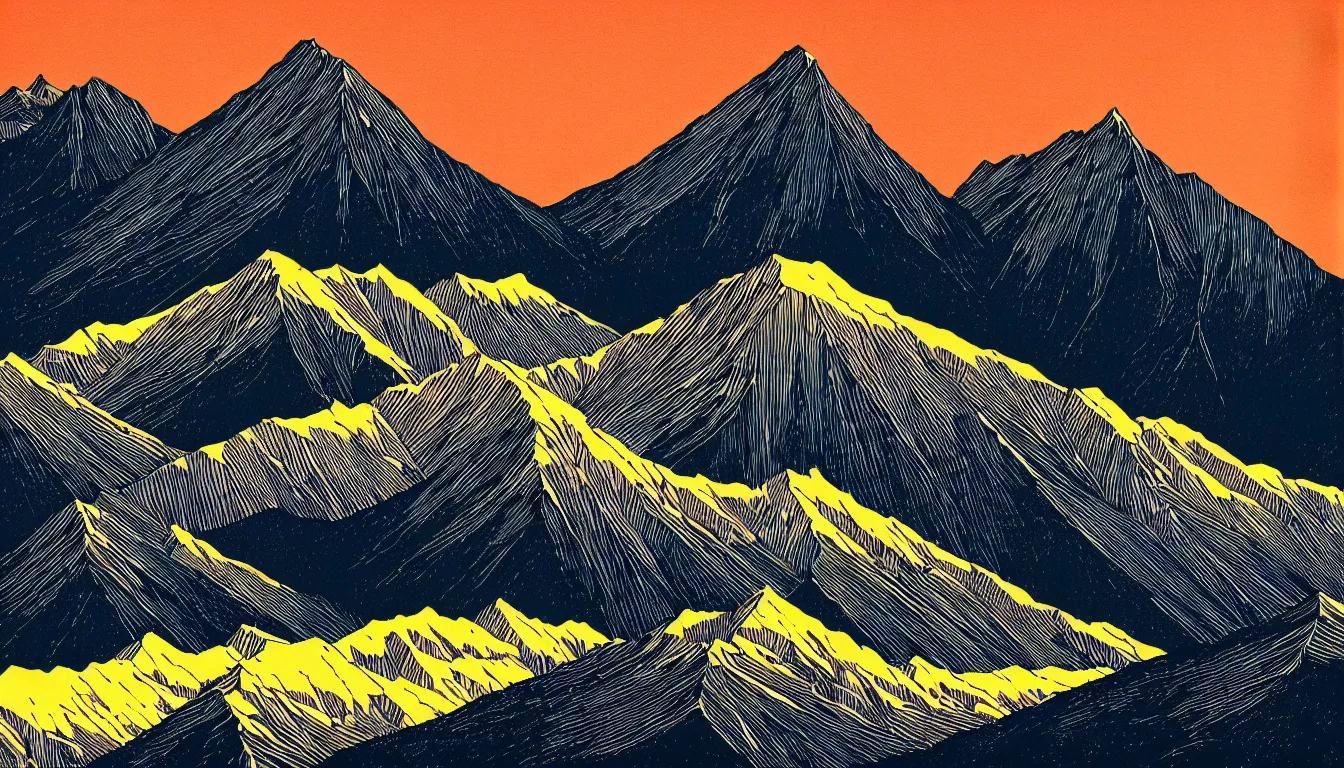 Image similar to himalayas by dan mumford and peter doig and edward hopper, symmetrical, minimal, black ink, thick lines highly detailed, muted colours 8 k