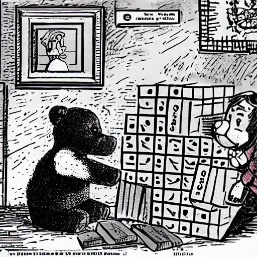 Prompt: 1 9 9 0 s political cartoon about a teddy bear playing jenga