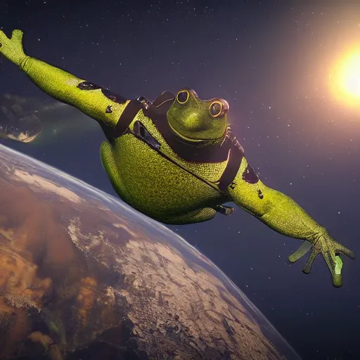 Image similar to frogman corps in space waving hi, unreal engine 6, 4 k, hyper realistic, extremely detailed, coherent,.