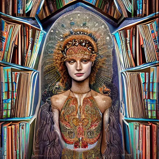 Image similar to 3 d goddess minerva, medium shot portrait. beautiful hyperrealistic intricate highly detailed and richly embroidered with esoteric symbols gown, surrounded by stacks of books bioluminescent, curious, plasma, 4 k surrealism