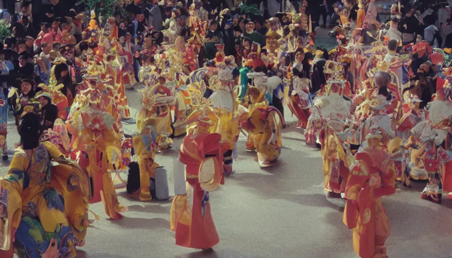 Image similar to movie still by alejandro jodorowsky of a small fun festival in kyoto japan, visible magic energy, costumes, parade floats, cinestill 8 0 0 t eastmancolor technicolor, high quality, very detailed, heavy grain, fine facial features, 8 k, octane render