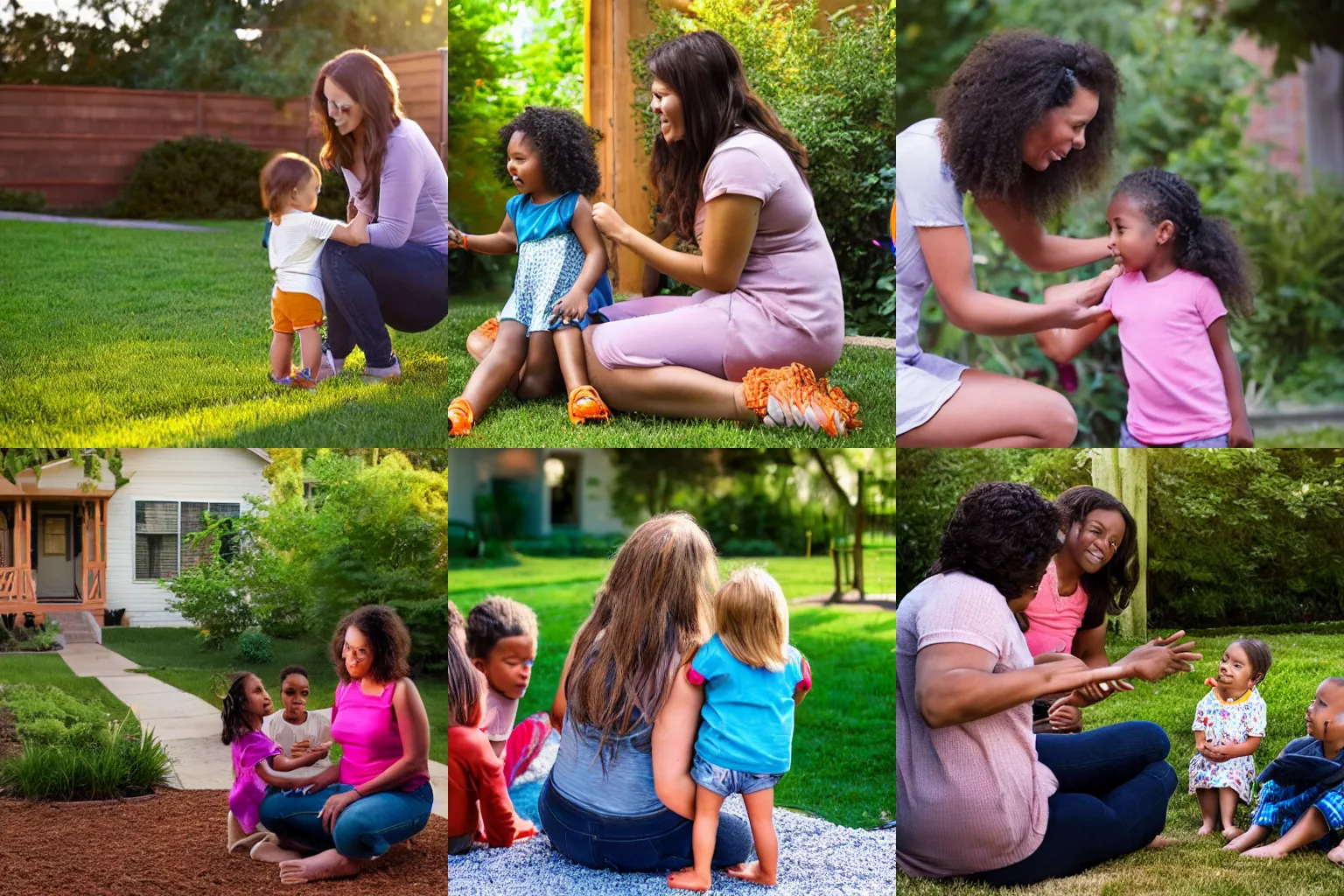 Prompt: a mother watching her children play in the yard. A glowing emotional cord connects her to each of them