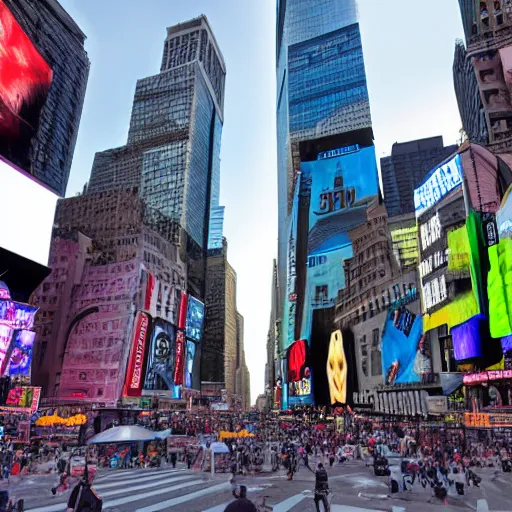 Image similar to giant alien spacecraft looming over times square, casting shadow as people look up, realistic, highly detailed digital art