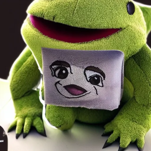 Prompt: photorealistic frog cleric as a chibi muppet plush made from transparent sheer fabric wearing a wolf skull on its head and carrying a tiny sketch book and pencil, photography, national geographic, sesame street