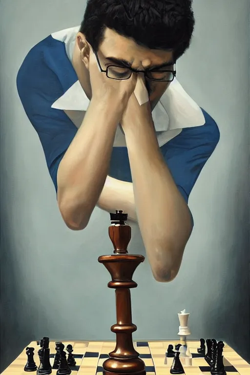 a painting of anish giri pondering over a chess board,, Stable Diffusion