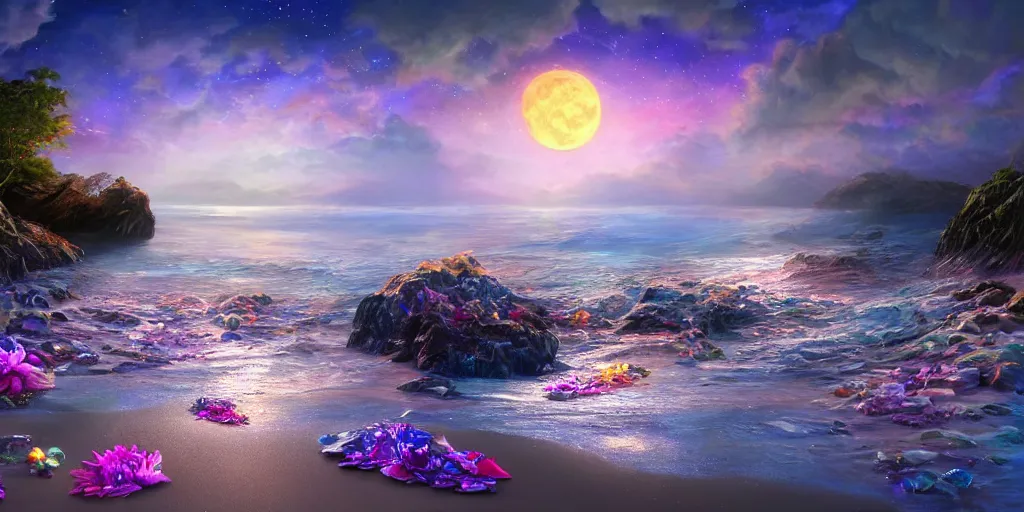 Image similar to a single glittering fairy beach cove at night full of crystals and magical glowing sea shells along the shore, a full moon, water and colorful flowers, extremely detailed oil painting, unreal 5 render, fantasy digital art, octane render, beautiful composition, trending on artstation, award-winning photograph, masterpiece