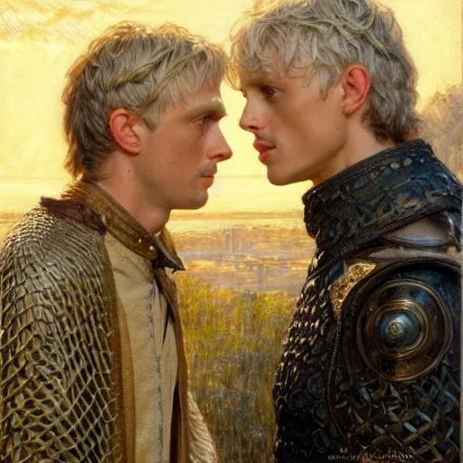 Image similar to arthur pendragon and merlin. focus on their faces. natural lighting. highly detailed painting by by gaston bussiere, donato giancola, j. c. leyendecker 8 k