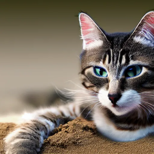 Prompt: realistic photo of an anthropomorphic cat chilling out on the beach