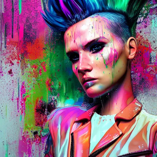 Prompt: splashes of neon clouds, mowhawk, punk women portrait made out of paint with rain in the background, trending on artstation, epic composition, emotional, beautiful, rendered in octane, highly detailed, realistic, comic book art, sharp focus, matte painting, unreal engine