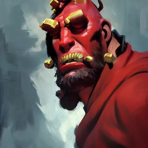 Image similar to greg manchess portrait painting of the hellboy as overwatch character, medium shot, asymmetrical, profile picture, organic painting, sunny day, matte painting, bold shapes, hard edges, street art, trending on artstation, by huang guangjian and gil elvgren and sachin teng