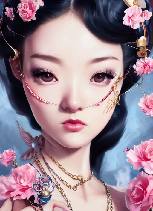 Image similar to a pin up and beautiful fashion dreamlke japan girl with lv jewelry, character art, art by artgerm, wlop, loish, hyperdetailed, 8 k realistic, symmetrical, global illumination, radiant light, frostbite 3 engine, cryengine, dof, trending on artstation, digital art, chanel, dior, detailed background