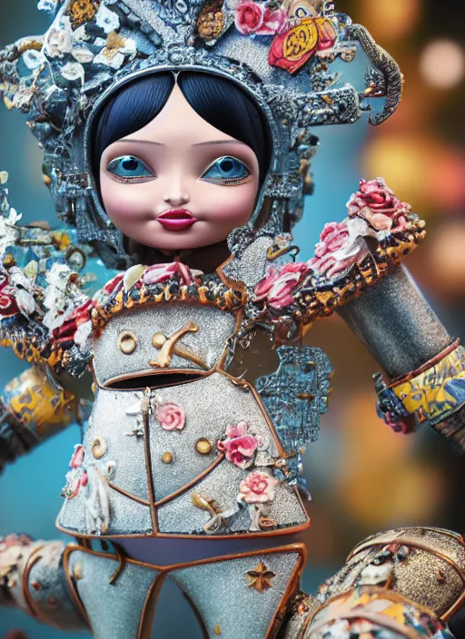 Image similar to closeup of a tin toy miranda kerr, depth of field, zeiss lens, detailed, symmetrical, centered, fashion photoshoot, by nicoletta ceccoli, mark ryden, lostfish, earl nore, hyung tae, frank frazetta, breathtaking, 8 k resolution, extremely detailed, beautiful, establishing shot, artistic, hyperrealistic, octane render