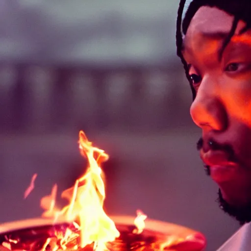 Image similar to cinematic film still of rapper JID starring as a Japanese Sensei with fire, Japanese CGI, VFX, 2003, 40mm lens, shallow depth of field, film photography