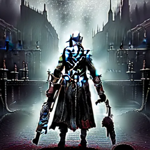 Prompt: bloodborne hunter searching the streets of a art deco city, art station, semi realistic