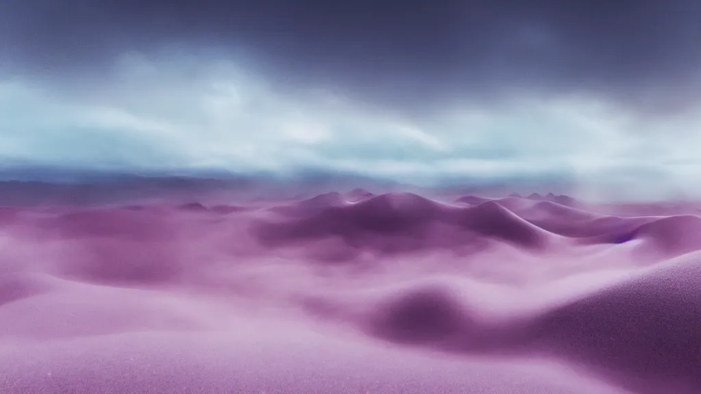 Prompt: a war between difference samurai fractions ongoing on soft glow pink desert with snow mountains and cloudy skies, purple fog, long exposure, detailed, hyper realistic, photorealism, landscape, ultra wide angle view, peaceful, cinematic, volumetric lighting, god ray through clouds
