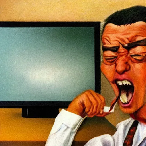 Image similar to an angry man screams at his computer monitor, oil on canvas, 1 9 6 7, highly detailed